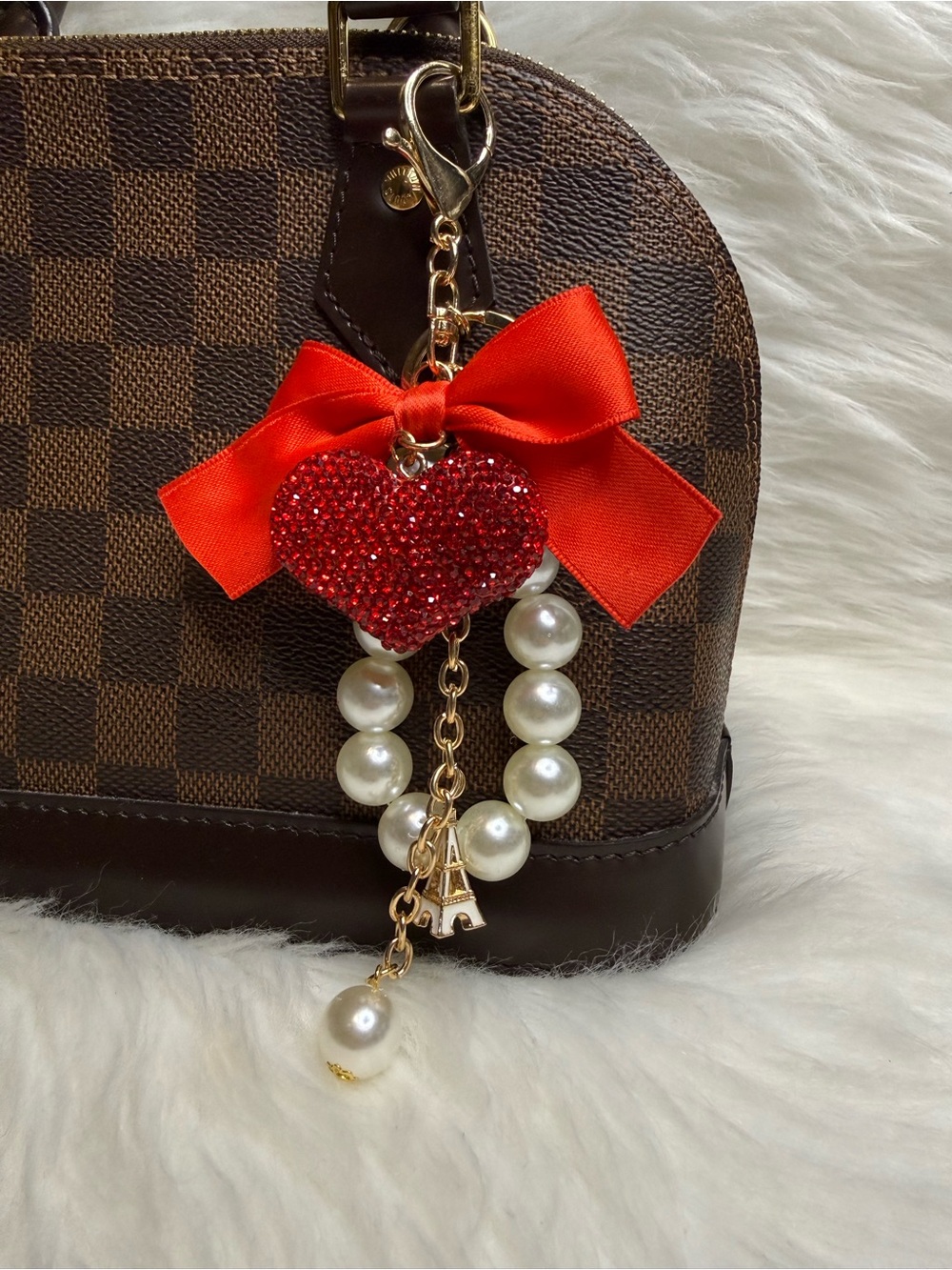 Red Heart Bag Charm Keychain Keyring Rhinestone Bling Bow Handmade Gift